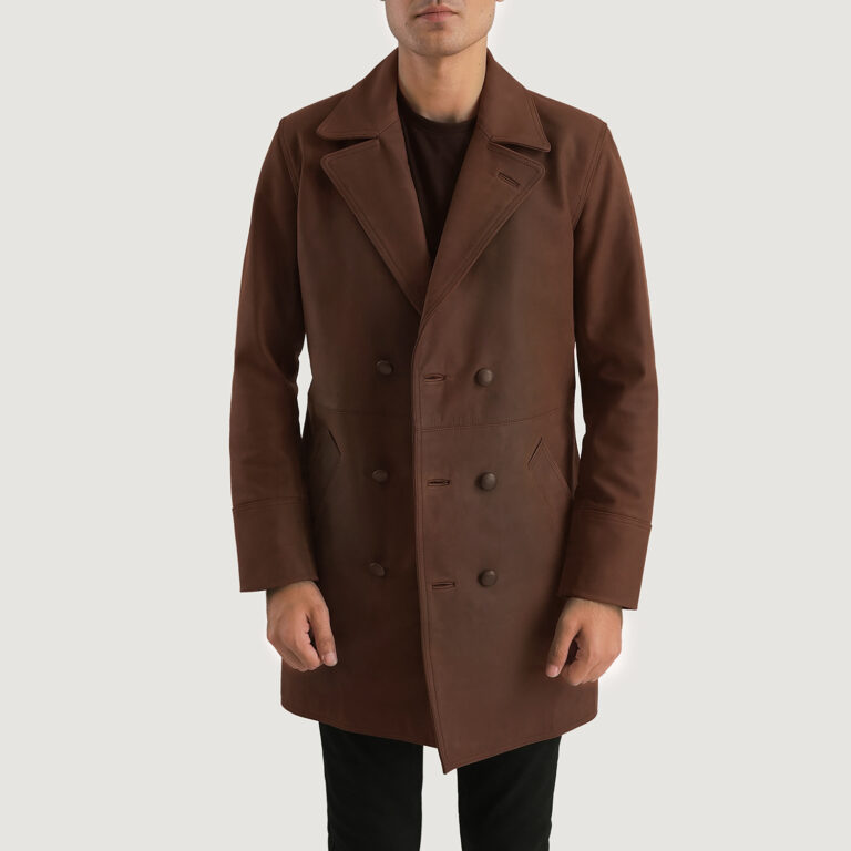 Mens Half Life Brown Leather Coat Open Front-4-1701086951340